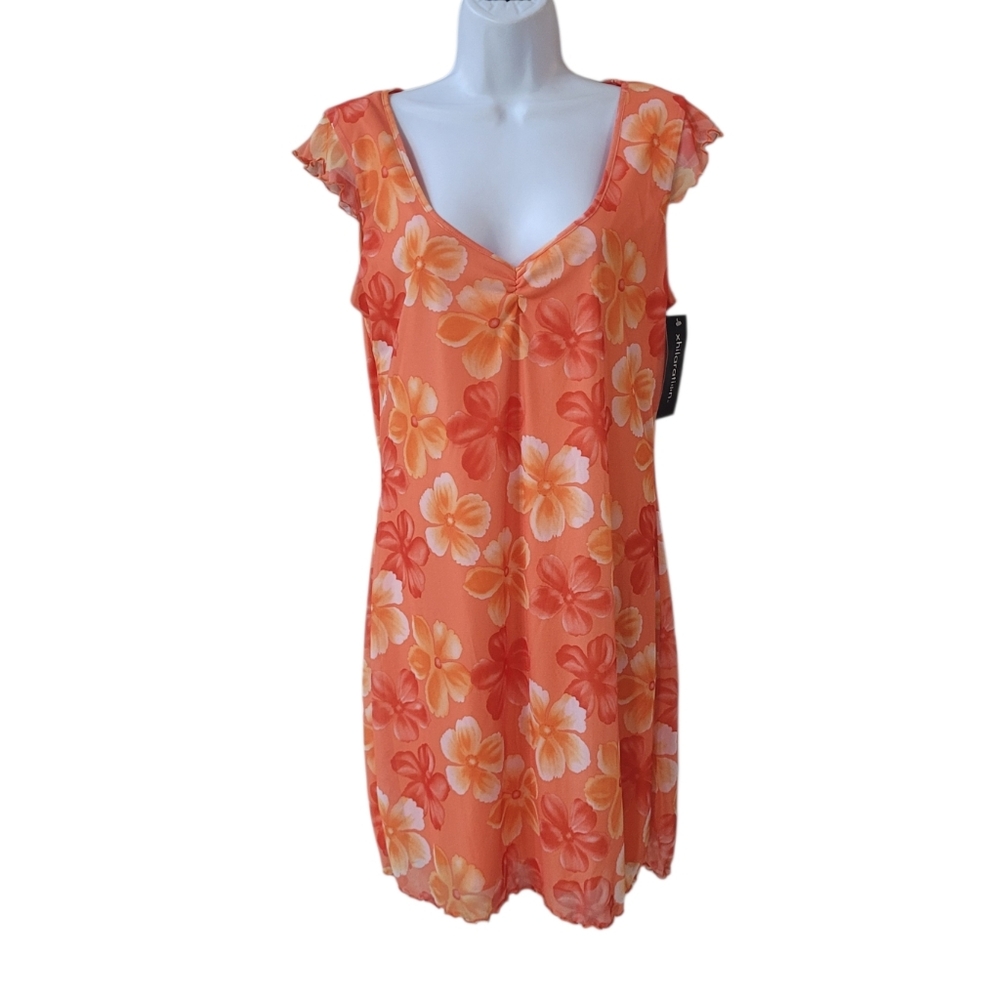 XHILARATION Vintage Y2K Orange Hibiscus Floral Mesh Overlay Dress Size L